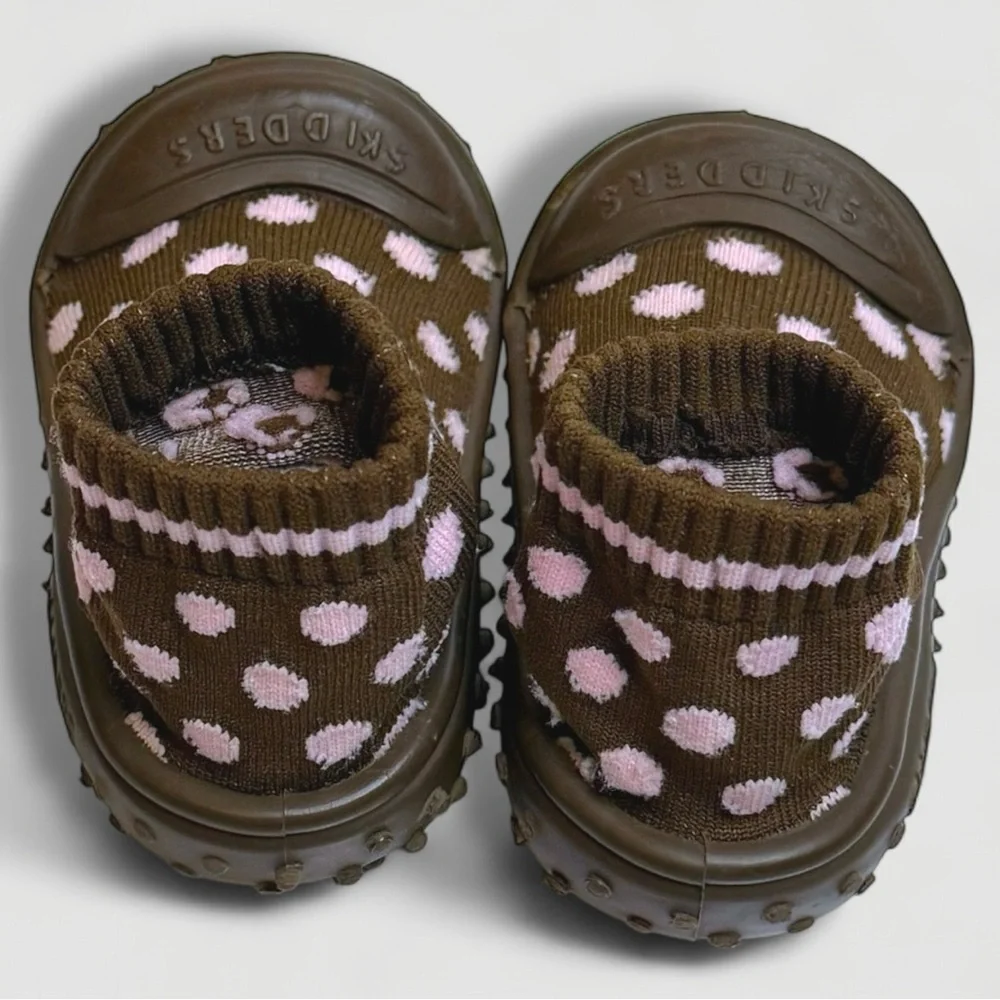 Skidders Brown Baby Shoes with Pink Polka Dots Size 8 / 24M Walker - Picture 9 of 9